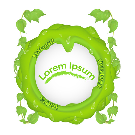 Green BLOB with branches leaves and dew drops and the inscription 100 natural product, with a place under the text in the middle isolated on a white background, label, packaging, clipartのイラスト素材
