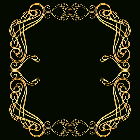 Decorative gold frame with gold elements, on a dark background, for invitation cards, wedding card decor, blank for the cover designのイラスト素材