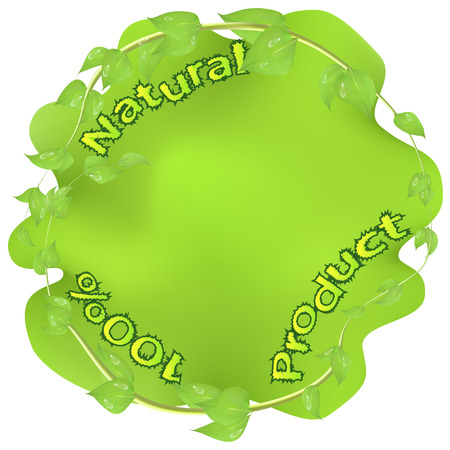 Green round seal with leaves and drops of water and inscription natural product, with stains isolated on white background, label, packing headのイラスト素材