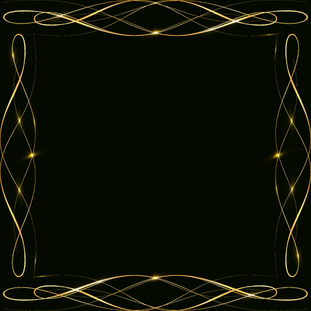 Gold frame on black background Christmas card, illustration decorative border for decoration with glareの写真素材