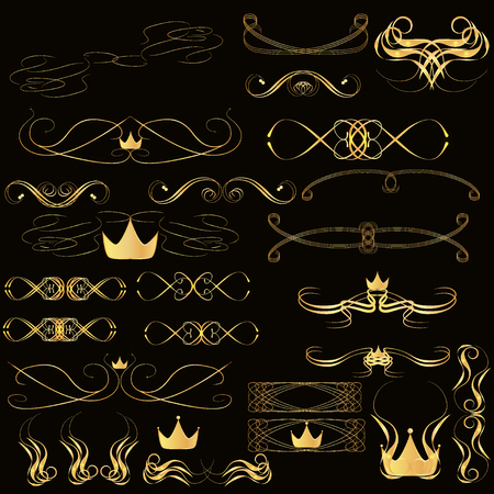 Vintage ornaments and dividers, calligraphic design elements and page decoration, exclusive, highest quality, retro style set of ornate on a black backgroundの写真素材