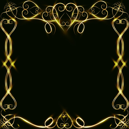 golden frame with hearts effects of light. Preparation for postcard Christmas wedding Shining rectangle. on a black background. illustration,の写真素材