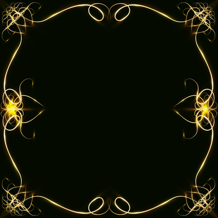 Gold frames with hearts, with glare and radiance, blank for a card, isolated on black, wedding card,copy spaceの写真素材