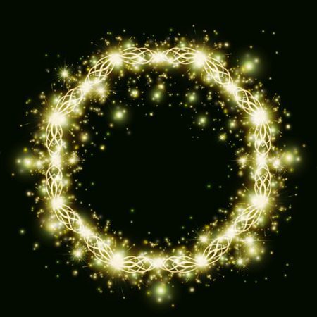 Golden light frames and elements. Postcard design round frame with sparkles and highlightsのイラスト素材