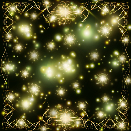 dark background with a pattern with hearts and glitterswith falling golden snowflakes frame for greeting cards and decoration, borders for decorationの写真素材