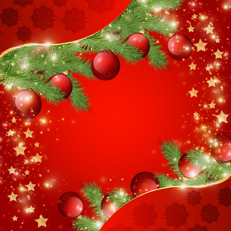 Merry Christmas and Happy New Year greeting card template. Christmas decor. Festive label for posters, posters, banners, flyers and brochures. Gold frame with sparkles and Christmas tree branches and toysの写真素材