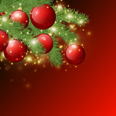 Red shiny background with Christmas decorations, decorative spruce branches,golden stars , holiday Merry X-mas and Happy New Year, illustration on a red backgroundの写真素材