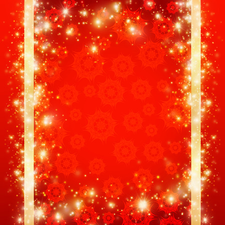 Red Christmas background with a frame of golden glittering snowflakes, vector illustration, blank for a card with gold monograms of sparklesのイラスト素材