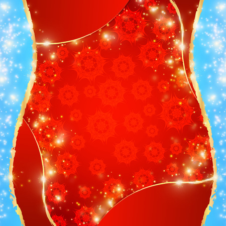 Festive red Christmas background with golden torn lines and snowflakes, decoration border frame, blank for card, banner with corners,10の写真素材