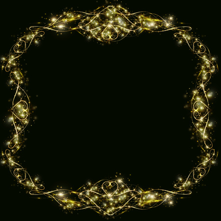 golden frame with hearts effects of light. Preparation for postcard Christmas wedding Shining rectangle. on a black background10の写真素材
