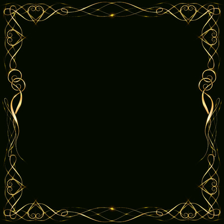 Vector golden frame with hearts effects of light. Preparation for postcard Christmas wedding Shining rectangle. on a black background EPS 10のイラスト素材