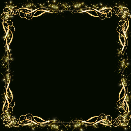 Vector golden frame with effects of light. Preparation for postcard Christmas wedding Shining rectangle. on a black background EPS 10のイラスト素材