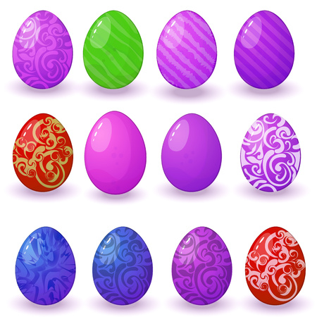 Easter eggs with beautiful shadows. Colorful set isolated on white with different patternsのイラスト素材