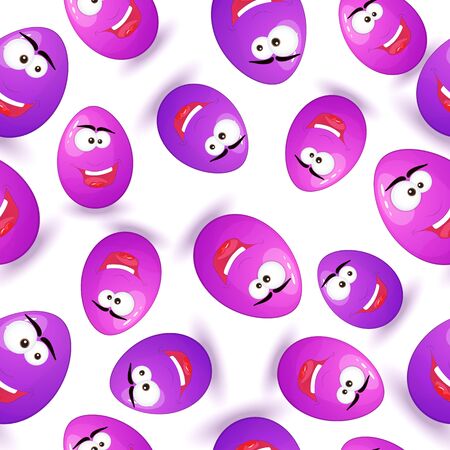 Easter eggs smileys pink and purple on white background seamless pattern isolated on a white backgroundの写真素材