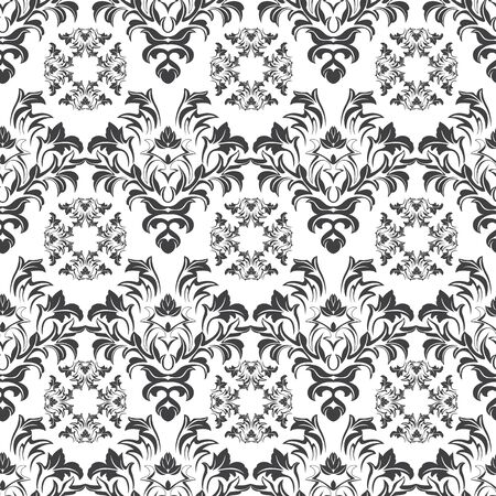 black seamless pattern on white background. Plants leaves and flowers. Drawing texture for wrapping paper and wallpaper for curtains. The look for fabrics and textilesの写真素材