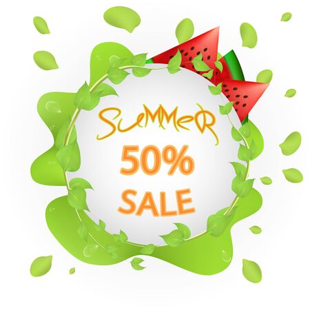 Round banner with watermelon twigs and leaves against the background of green blot.Summer Sale Poster,Flyer.のイラスト素材