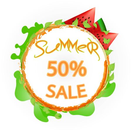 Round banner with watermelon twigs and leaves against the background of green blot.Summer Sale Poster,Flyerの写真素材