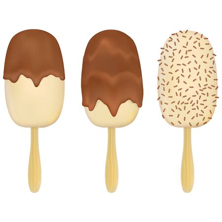 white chocolate ice cream poured on top of dark chocolate with drips, sprinkled with long pieces of chocolate on a wooden stick isolated on a white backgroundのイラスト素材