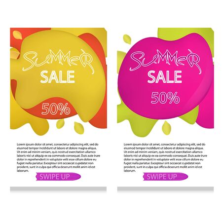 set of dynamic modern geometric and liquid mobile for summer sales of banners.Green yellow and pink colors, mesh Special offer and sale at a discount of up to 50 on a template design with editable text.EPS 10のイラスト素材