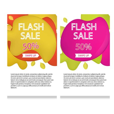 set of dynamic modern geometric and liquid mobile for flash sales of banners.Green yellow and pink colors, mesh Special offer and sale at a discount of up to 50 on a template design with editable text.EPS 10のイラスト素材