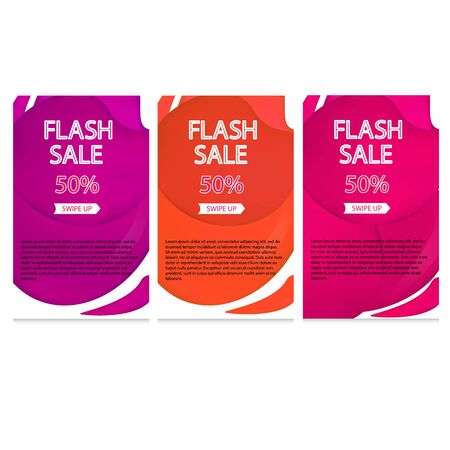 set of dynamic modern geometric and liquid mobile for flash sales of banners. Purple orange and red colors, mesh Special offer and sale at a discount of up to 50 on a template design with editable text.EPS 10のイラスト素材