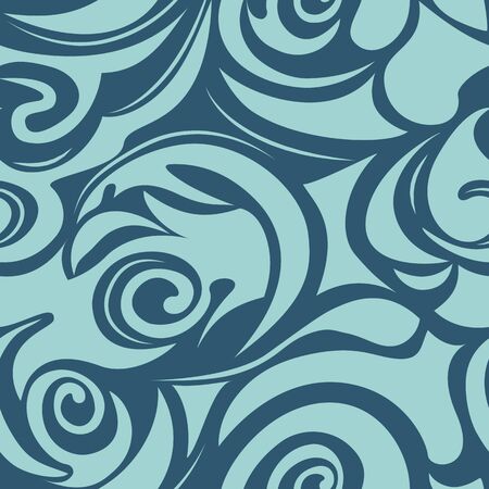 Seamless pattern of spirals and curls of blue color on a dark blue background, wave, floral, marine pattern, wave EPS 10 vectorのイラスト素材