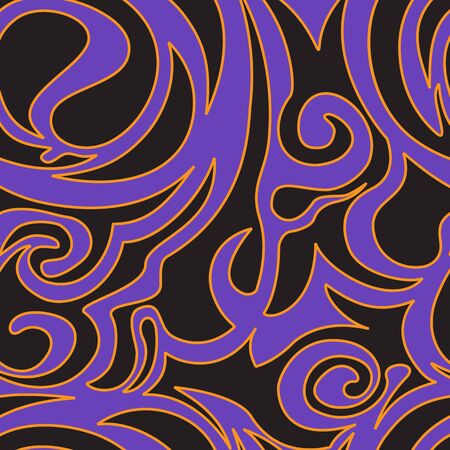 Seamless pattern of spirals and curls of black color on a purple background with orange edging, waves, vegetativeの写真素材