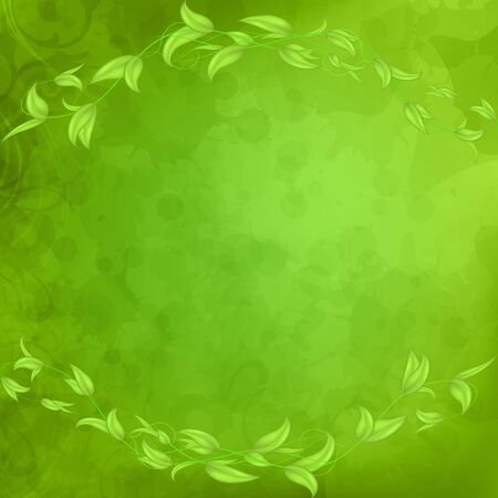 Horizontal vector border of leaves and stems with hearts in the shape of an arch on a green background with blots and plants.Background with stains and splashes.のイラスト素材