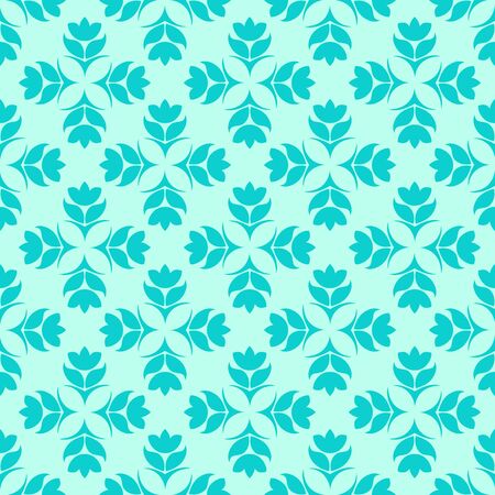 Seamless Pattern of abstract elements or butterflies and leaves with blue flowers on a turquoise background. Decoration for fabrics or tiles.EPS 10のイラスト素材