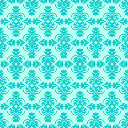 Periodic Seamless Pattern of abstract elements or butterflies and leaves with blue flowers on a turquoise background. Decoration for fabrics or tiles.EPS 10のイラスト素材