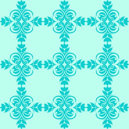 Seamless Pattern of abstract elements or butterflies and leaves with blue flowers on a turquoise background. Decoration for fabrics or tiles.EPS 10のイラスト素材