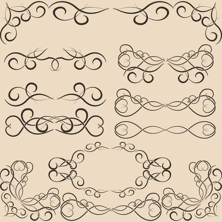 Set of vintage calligraphic wicker patterns with hearts and floral elements of a dark color on a beige background. Decorative borders and corners.のイラスト素材