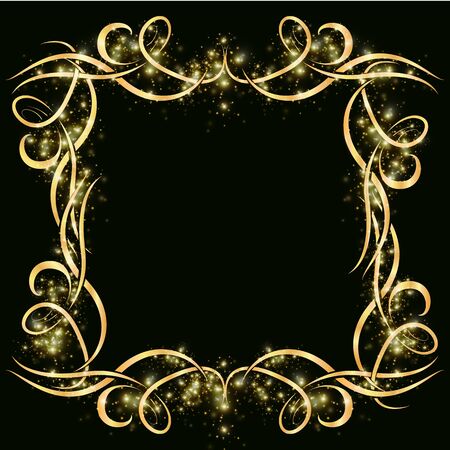 Vector golden frame from wicker and curl lines with sparkles and sparkles on a dark background. Decor for cards and business cards, decorative frame for menu.のイラスト素材