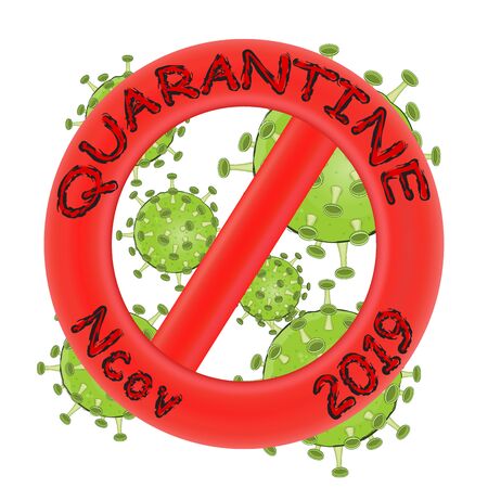 Bright red stop sign with the inscription quarantine nkov 2019 closing green coronovirus symbols. Concept stop coronavirus isolated on white background.のイラスト素材