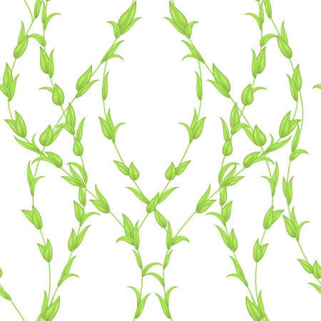 Vector seamless pattern of stems and leaves of green color isolated on a white background. Summer or spring texture for printing on fabric or paper. Decorのイラスト素材