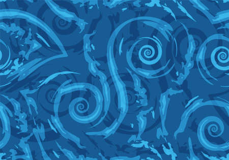 Stock Seamless vector pattern of blue torn lines and spirals on a nautical background. Texture of waves and swirls for wrapping or decorating fabrics.のイラスト素材