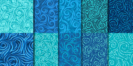 Set of 10 seamless vector patterns of spirals, waves and corners.Abstract seamless texture of curls and flowing lines and shapes.A collection of patterns of a marine theme from spirals and swirl.の写真素材