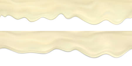 Vector set seamless border of realistic flowing down waves and drops of mayonnaise.Realistic vector collection dripping cream or sauce seamless horizontal texture.Texture for packaging design of yoghurt or processed cheeseのイラスト素材