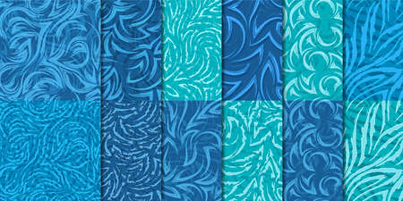 Set of 12 seamless vector patterns corners and waves in nautical colors.Seamless geometric textures of blue and turquoise colors waves and fluid movement.Collection of abstract patterns of flow and seaの写真素材