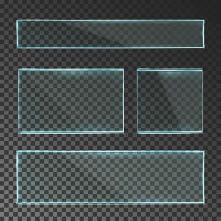 Set of vector realistic transparent glass plates isolated on a translucent translucent background.Set Glass vector realistic transparent banner with light effects.のイラスト素材