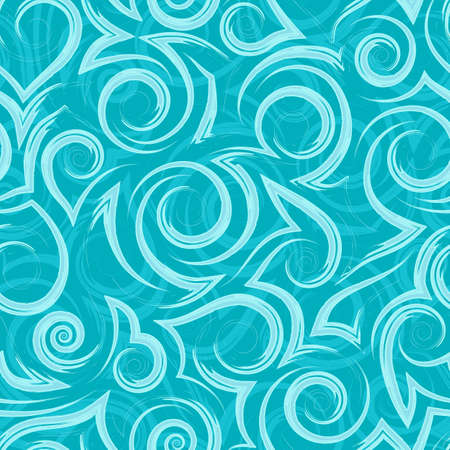 Vector turquoise geometric seamless pattern of flowing spirals curls and corners.Vector nautical geometric seamless texture of smooth and broken lines.Stylized turquoise pattern of water flow or wavesのイラスト素材