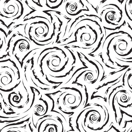 Vector monochrome geometric seamless pattern of flowing spirals curls and corners.Vector black and white geometric seamless texture of smooth and broken lines.Stylized pattern of water flow or waves.のイラスト素材
