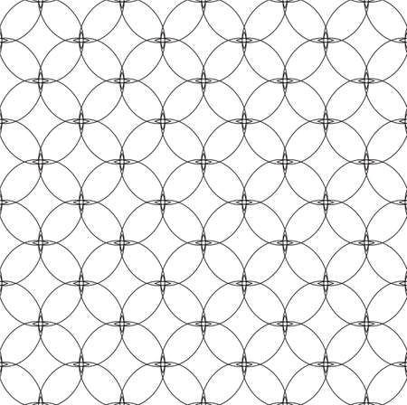 Seamless vector monochrome pattern of geometric shapes, lines, circles and rhombuses.Abstract seamless vector black pattern in linear style isolated on white background.A versatile black and white texture of geometric shapes and starsのイラスト素材