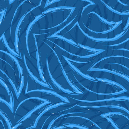 Vector seamless pattern in blue colors from corners and flowing stripes with torn edges.Vector seamless pattern of abstract shapes in blue and white colors.Simple texture of the sea or the movement of waves of waterのイラスト素材