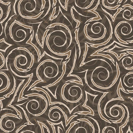 Stock beige seamless vector pattern of spirals and corners on a brown background.Beige seamless geometric vector pattern of spirals of smooth and broken stripes on a brown background.Simple texture in pastel colorsのイラスト素材