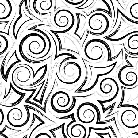 Seamless vector geometric pattern of black spirals of angles and lines isolated on a white background.Seamless vector monochrome pattern of smooth lines and abstract shapes.のイラスト素材