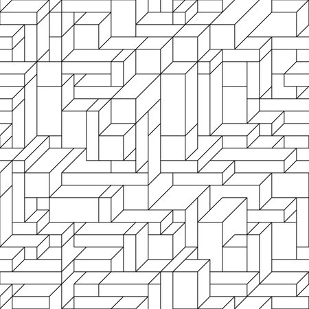 Seamless vector geometric black pattern of cubes and rectangles. Monochrome geometric pattern of lines in the form of cubes and rectangles.のイラスト素材