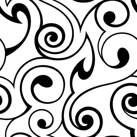 Abstract seamless vector black and white spiral and swirl pattern. Seamless vector texture of black abstract shapes and smooth stripes.のイラスト素材