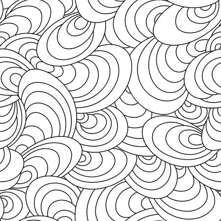 Vector seamless geometric pattern of arches and circles drawn with thin lines in doodle style. Vector seamless black linear pattern ripples or waves.のイラスト素材