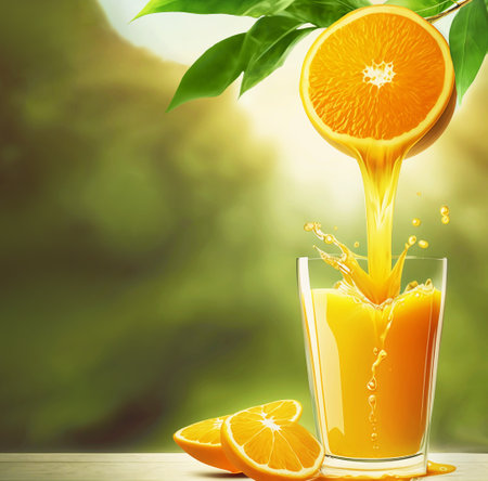 Orange juice is pouring from an orange hanging on a branch into a glass glass standing on a wooden table against a blurred background with a bright sun. AI generated.の素材